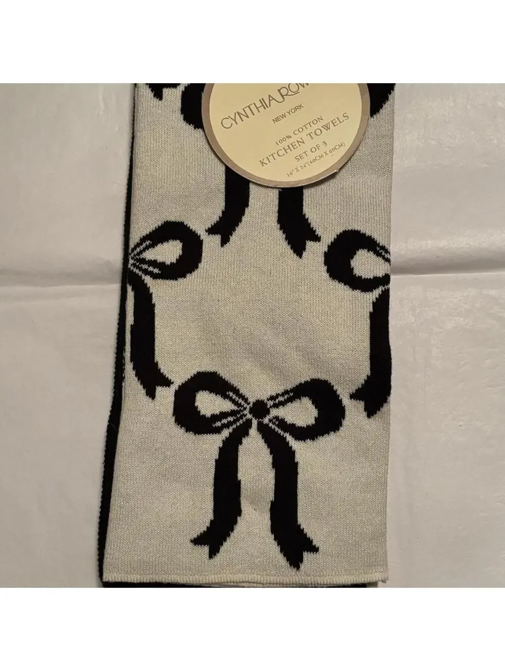 Cynthia Rowley 100% Cotton Kitchen Towels Set of 3, Black and White Bow Pattern
